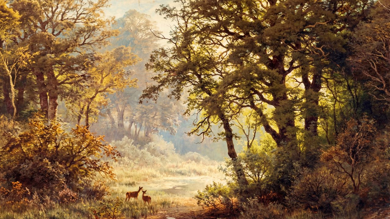 Rustic Frame TV Art, Farmhouse Country Oil Painting (Deer in Sunlit Forest)