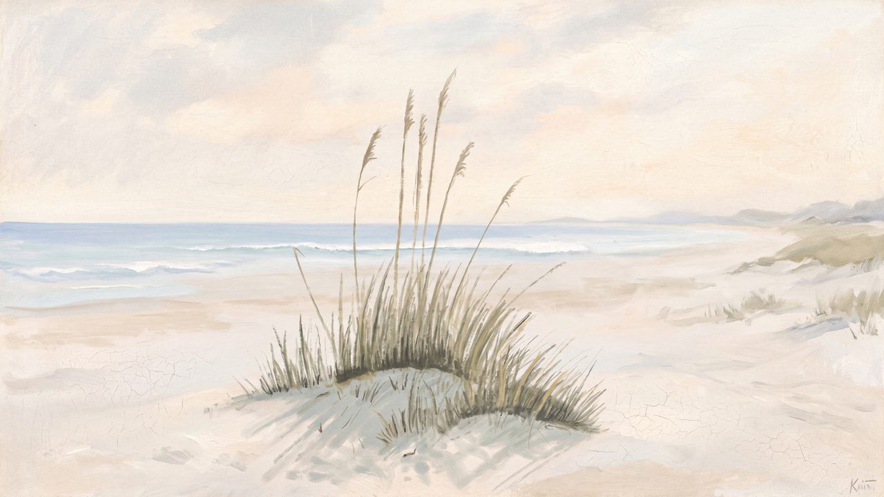 Summer Frame TV Art, Coastal Beach Oil Painting (Sea Oats on Dunes)