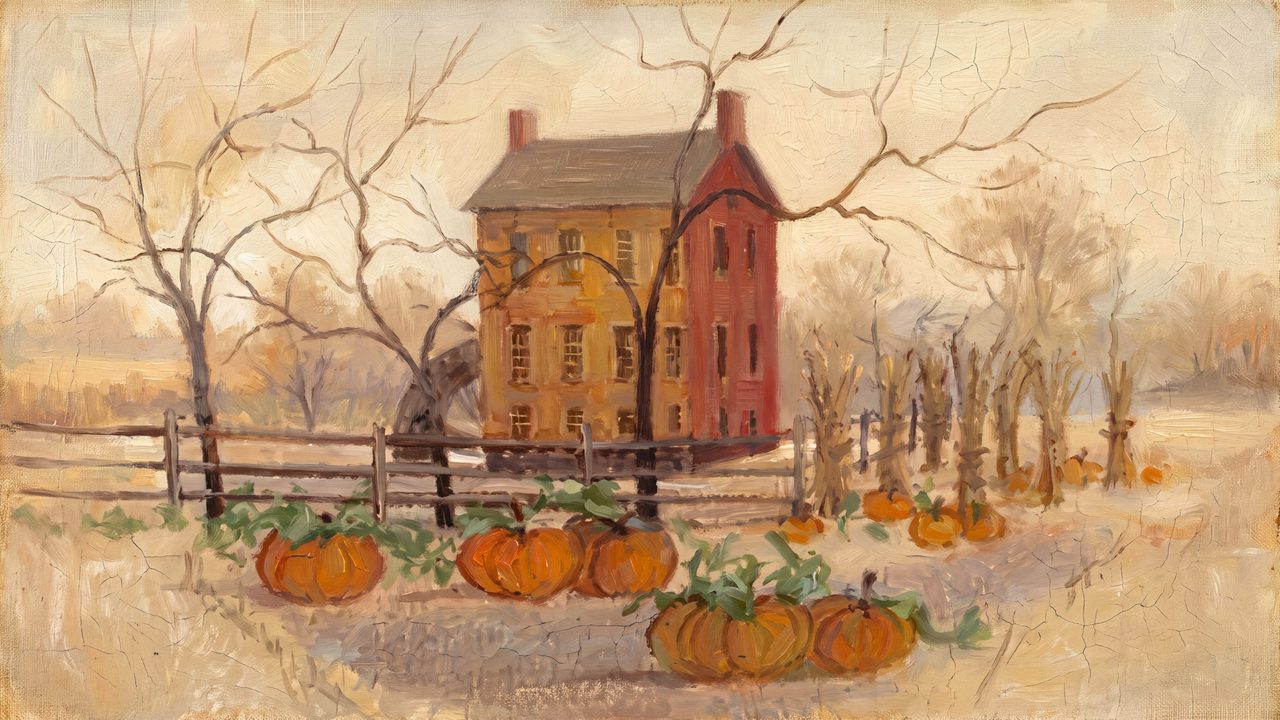 Fall Frame TV Art, Vintage Autumn Oil Painting (Farmhouse with Pumpkin Patch)