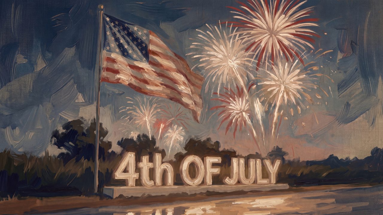 4th of July Frame TV Art, Patriotic American Oil Painting (Fourth of July Fireworks Sign)