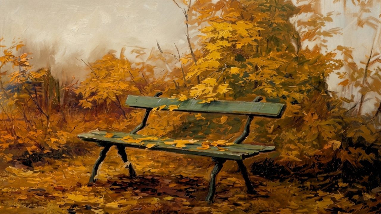 Fall Frame TV Art, Vintage Autumn Oil Painting (Park Bench Under Autumn Trees)