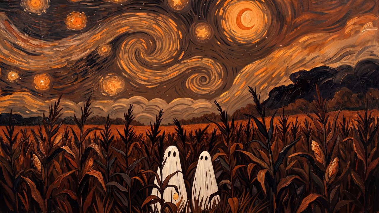 Halloween Frame TV Art, Vintage Moody Oil Painting (Ghosts in Swirling Night Cornfield)