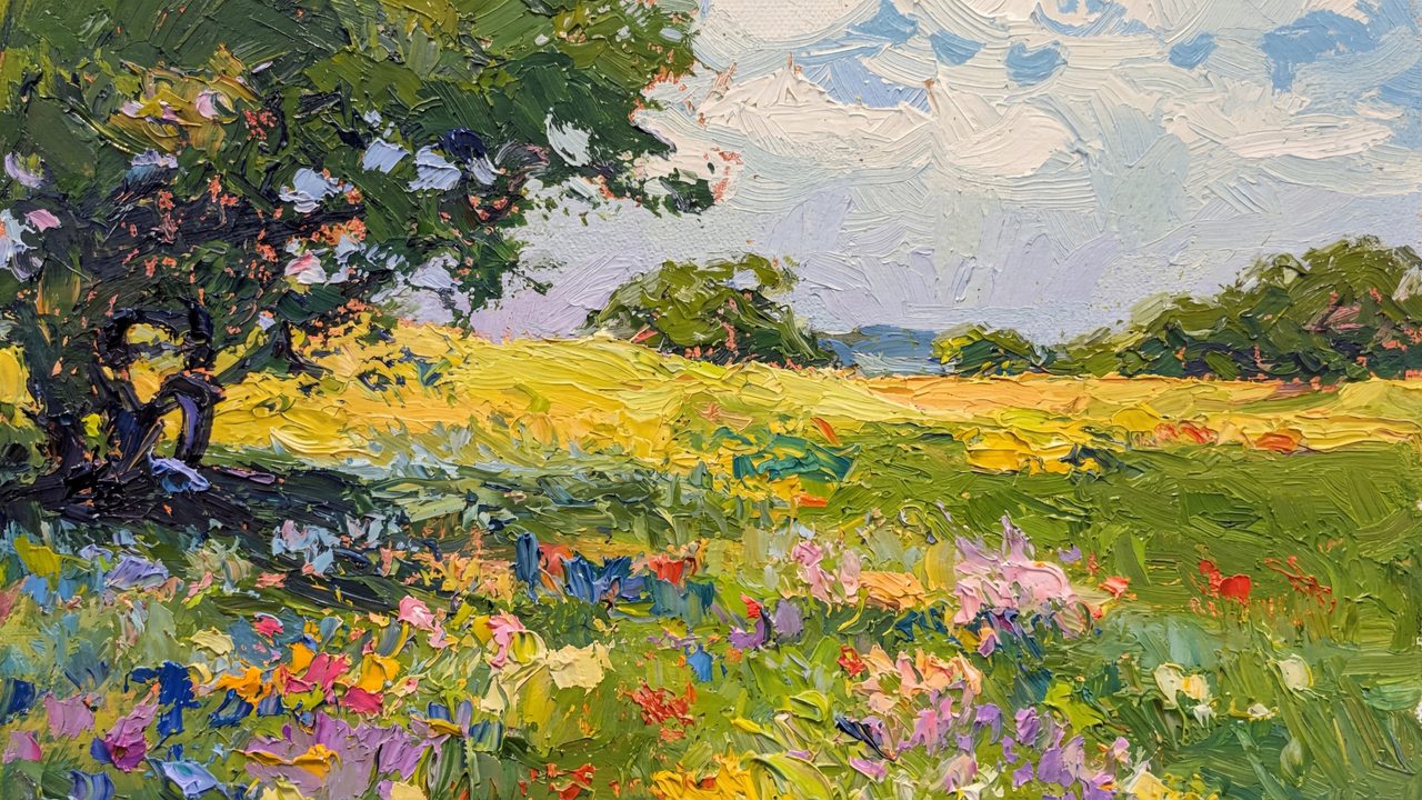 Spring Frame TV Art, Vintage Floral Landscape Oil Painting (Summer Wildflower Meadow 2)