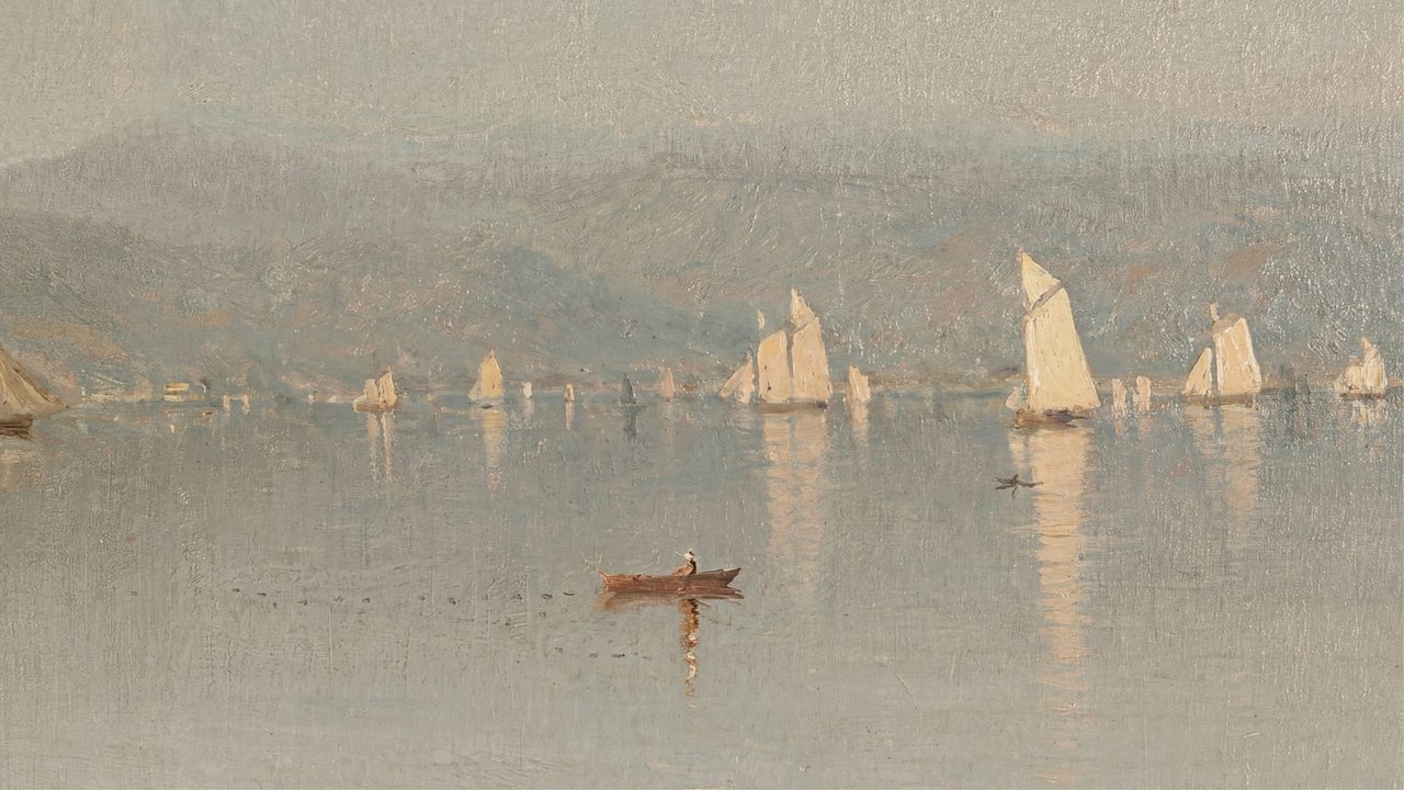 Vintage Frame TV Art, Antique Landscape Oil Painting (Sailboats on Misty Lake)