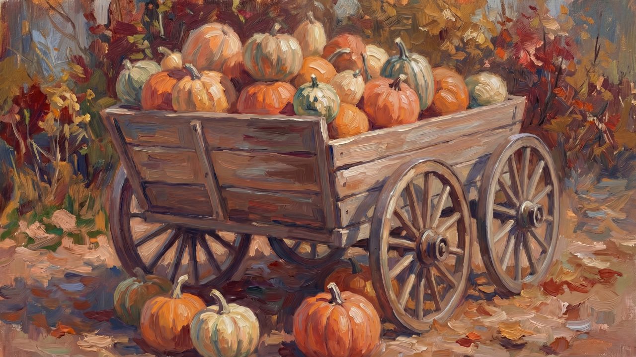 Fall Frame TV Art, Vintage Autumn Oil Painting (Wagon Full of Pumpkins)