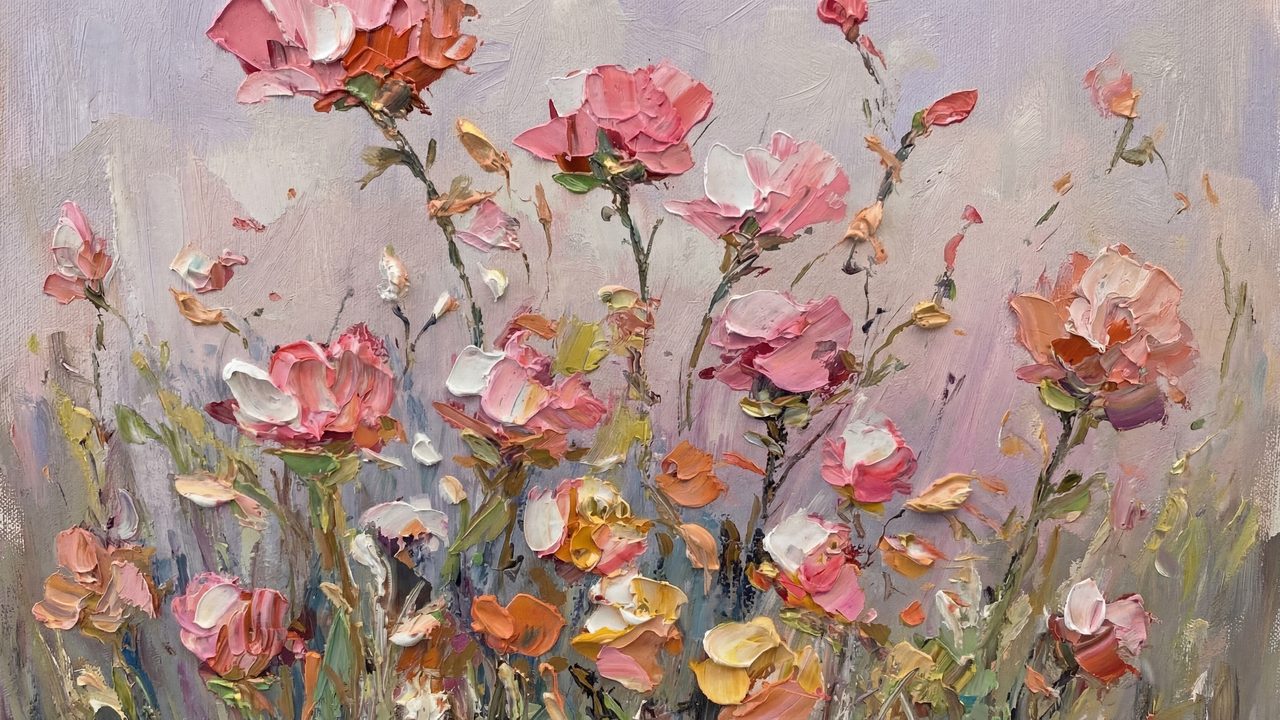 Pink Floral Samsung Frame TV Art, Spring Flower Oil Painting, 4K, Cottagecore Botanical Decor