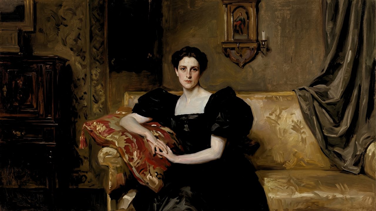 Dark Academia Frame TV Art, Moody Vintage Oil Painting (Woman in Black on Sofa)