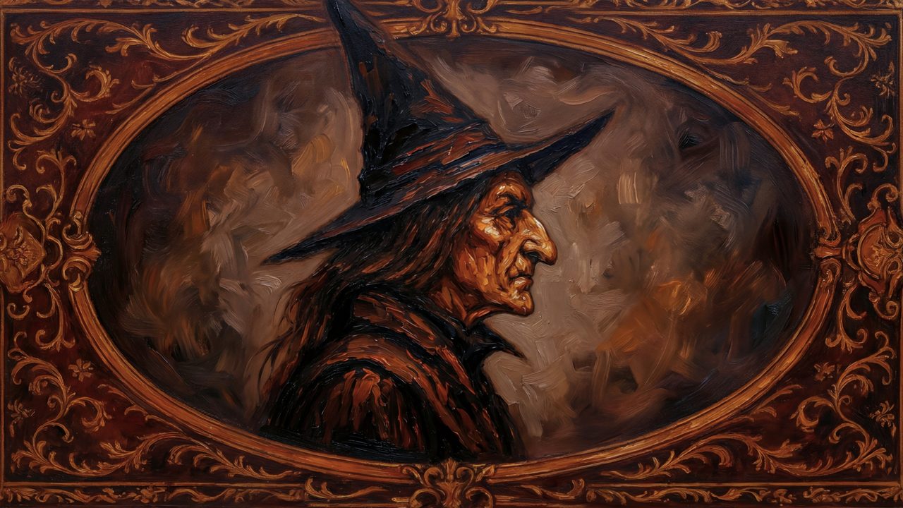 Halloween Frame TV Art, Vintage Moody Oil Painting (Witch Profile in Oval)