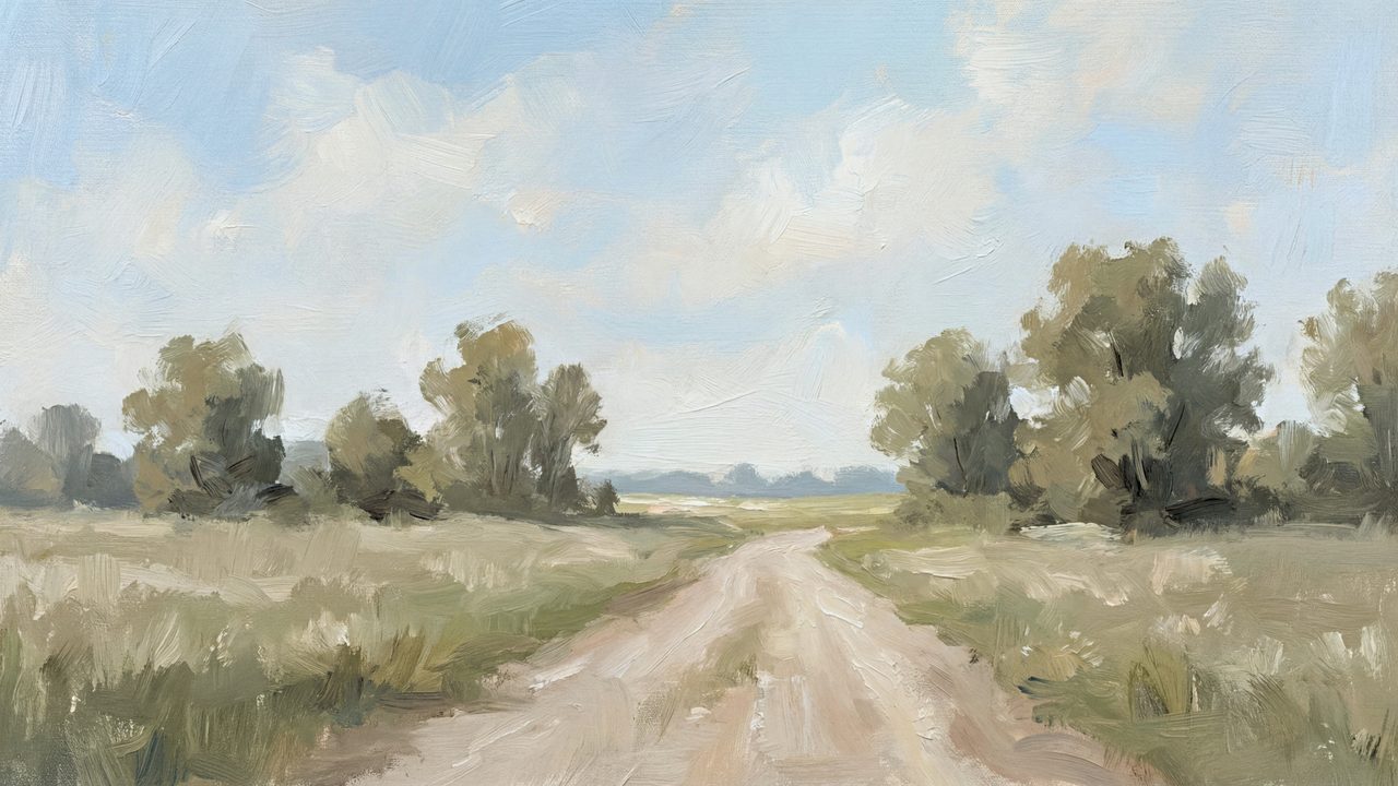 Vintage Frame TV Art, Antique Landscape Oil Painting (Dirt Road Through Meadow)