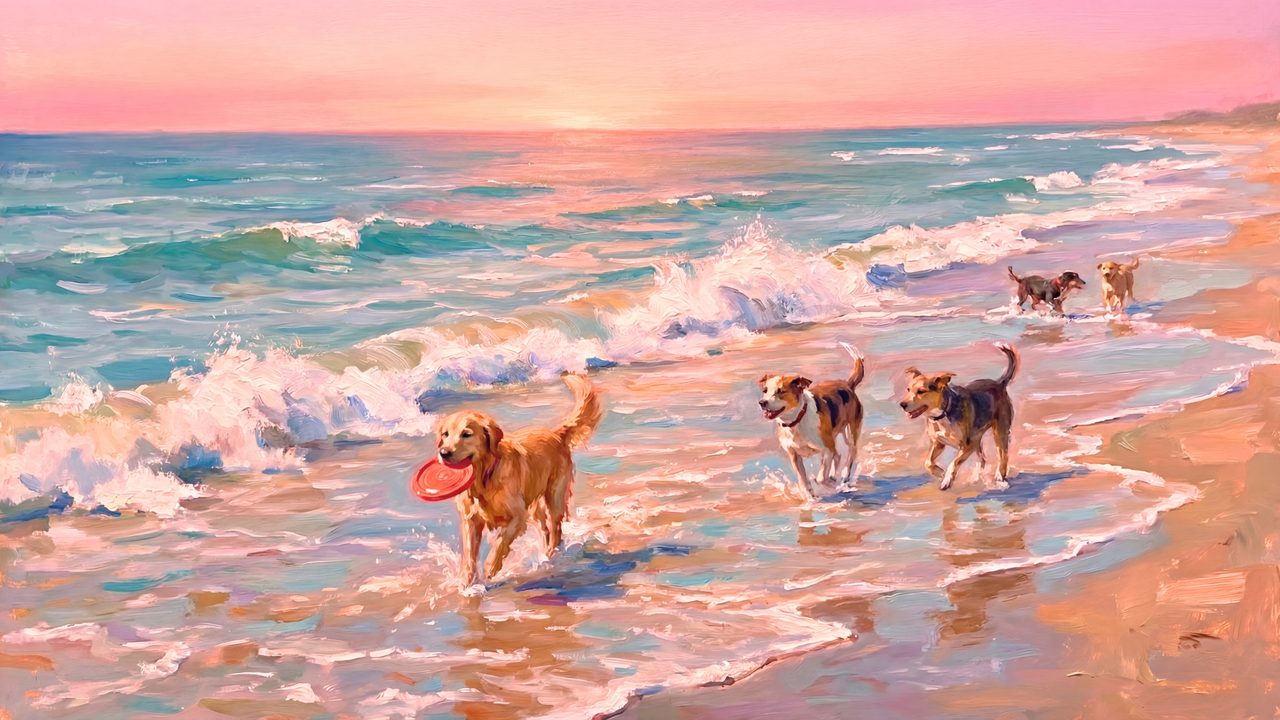 Summer Frame TV Art, Coastal Beach Oil Painting (Dogs Playing in Surf)