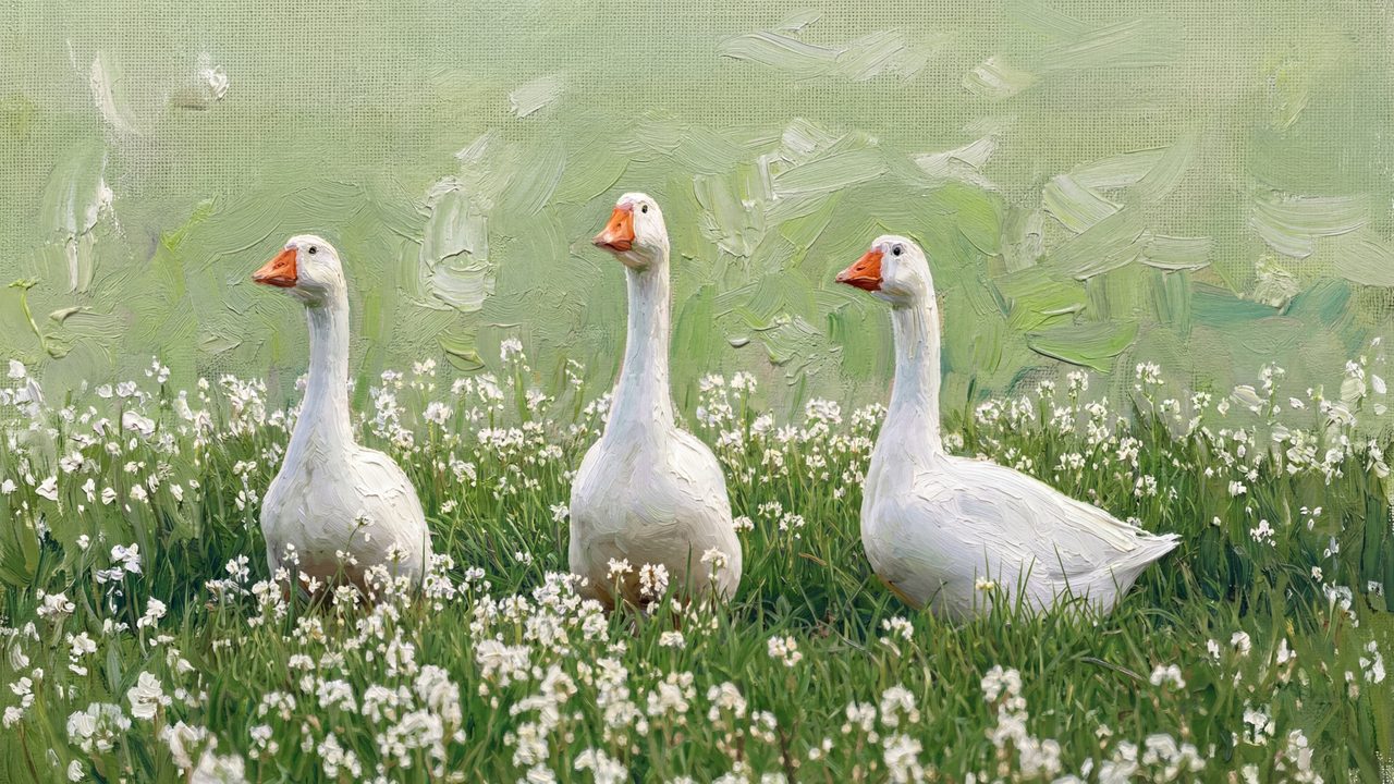 Spring Frame TV Art, Vintage Floral Landscape Oil Painting (Three Geese in Flower Meadow)