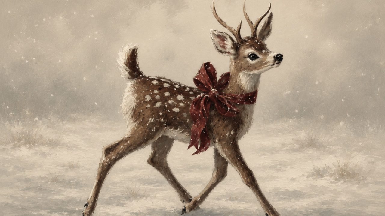 Christmas Frame TV Art, Vintage Holiday Oil Painting (Fawn with Red Bow)