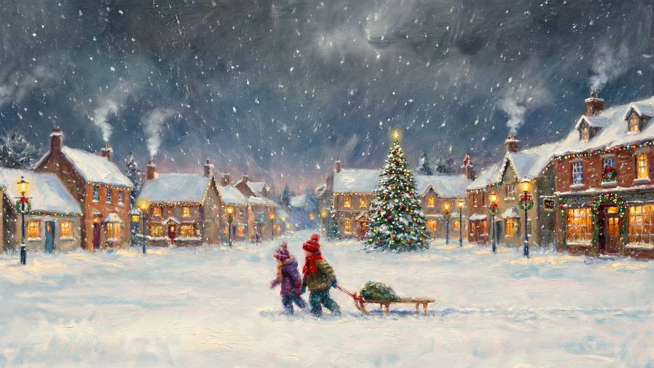 Christmas Frame TV Art, Vintage Holiday Oil Painting (Snowy Village Christmas Eve)