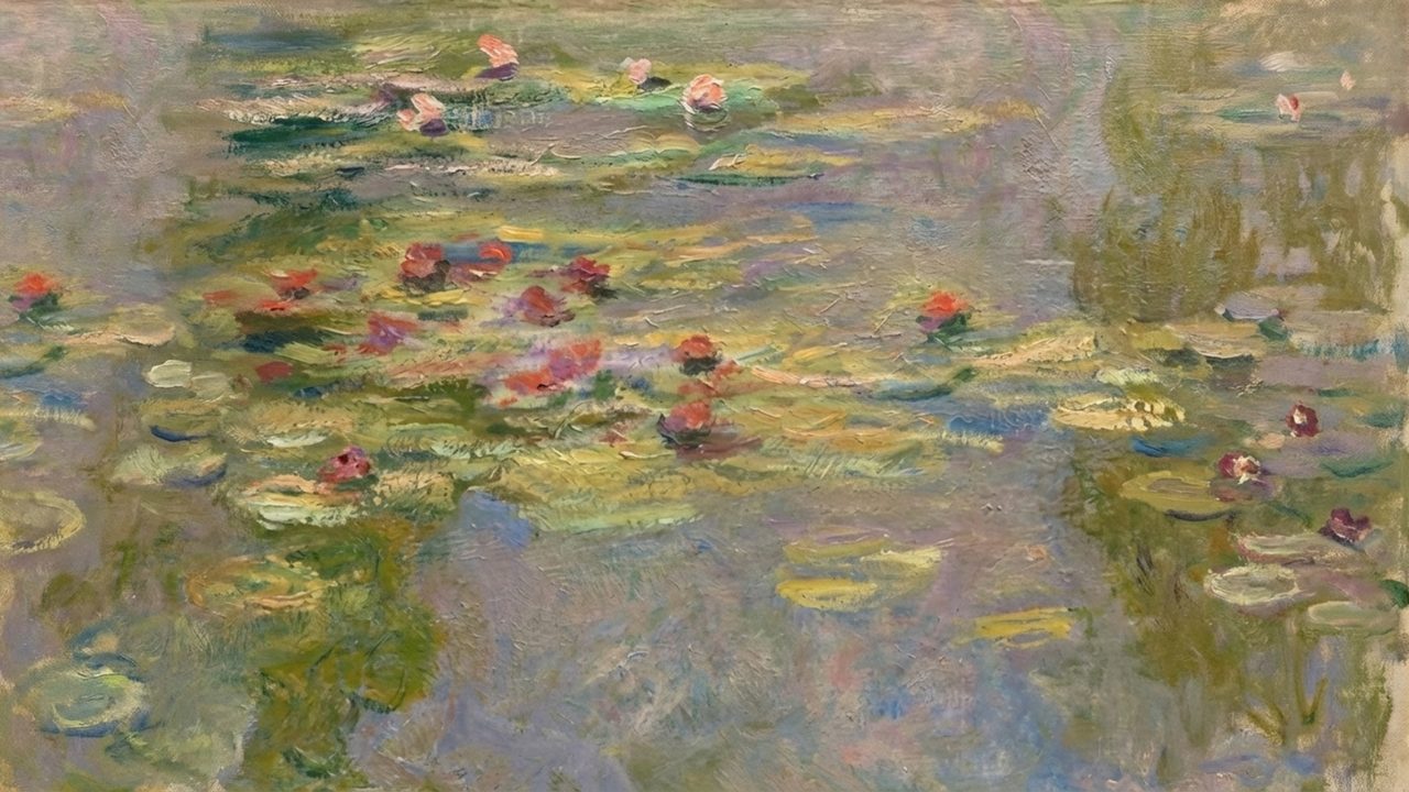 Vintage Frame TV Art, Antique Landscape Oil Painting (Water Lilies on Pond)