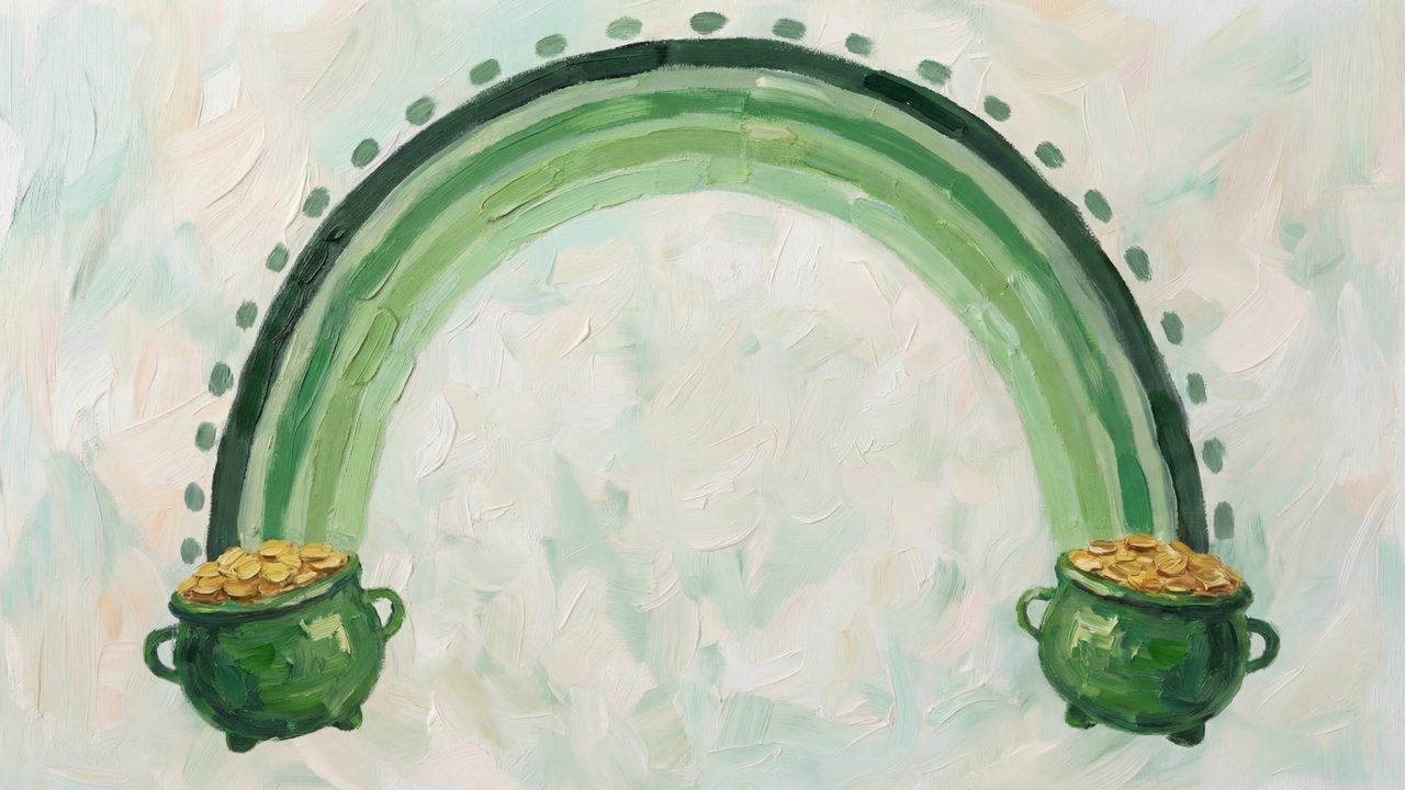 St. Patrick's Day Frame TV Art, Irish Clover Oil Painting (Green Rainbow with Pots of Gold)