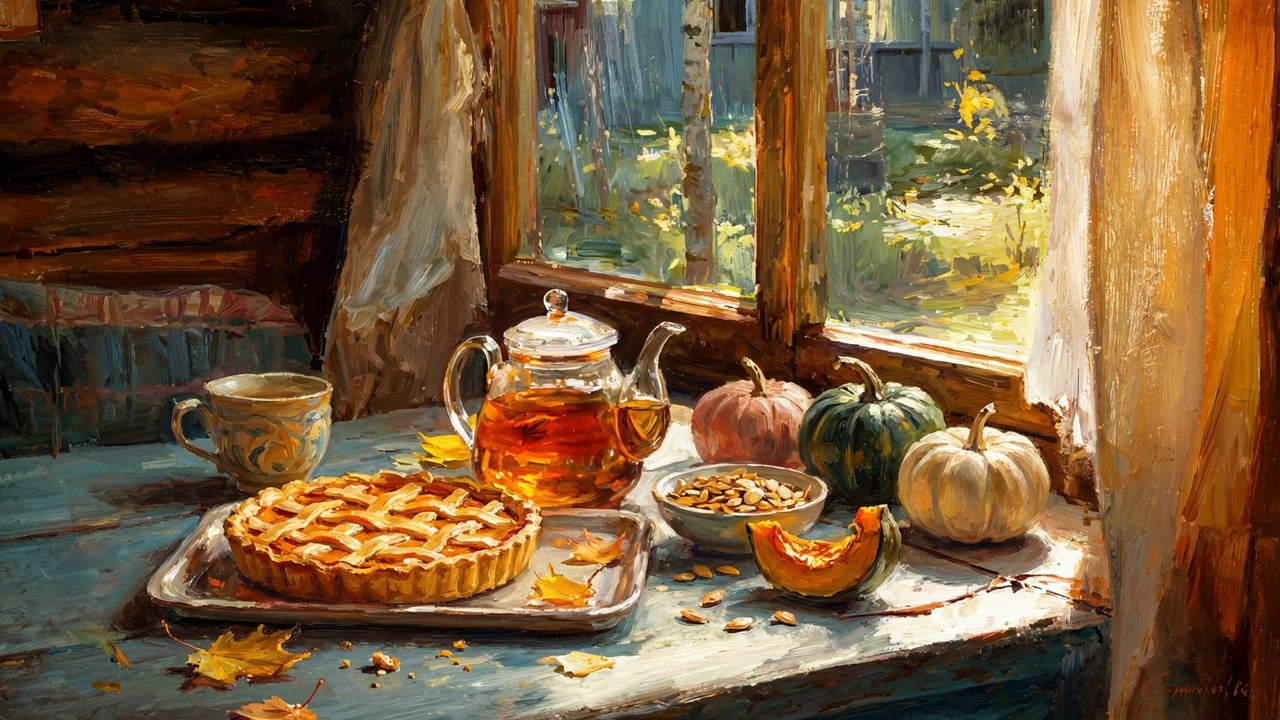 Fall Frame TV Art, Vintage Autumn Oil Painting (Pie and Tea by Window 2)