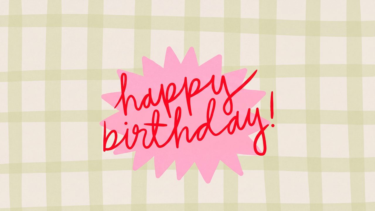 Happy Birthday Frame TV Art, Colorful Party TV Background (Pink Burst on Gingham)