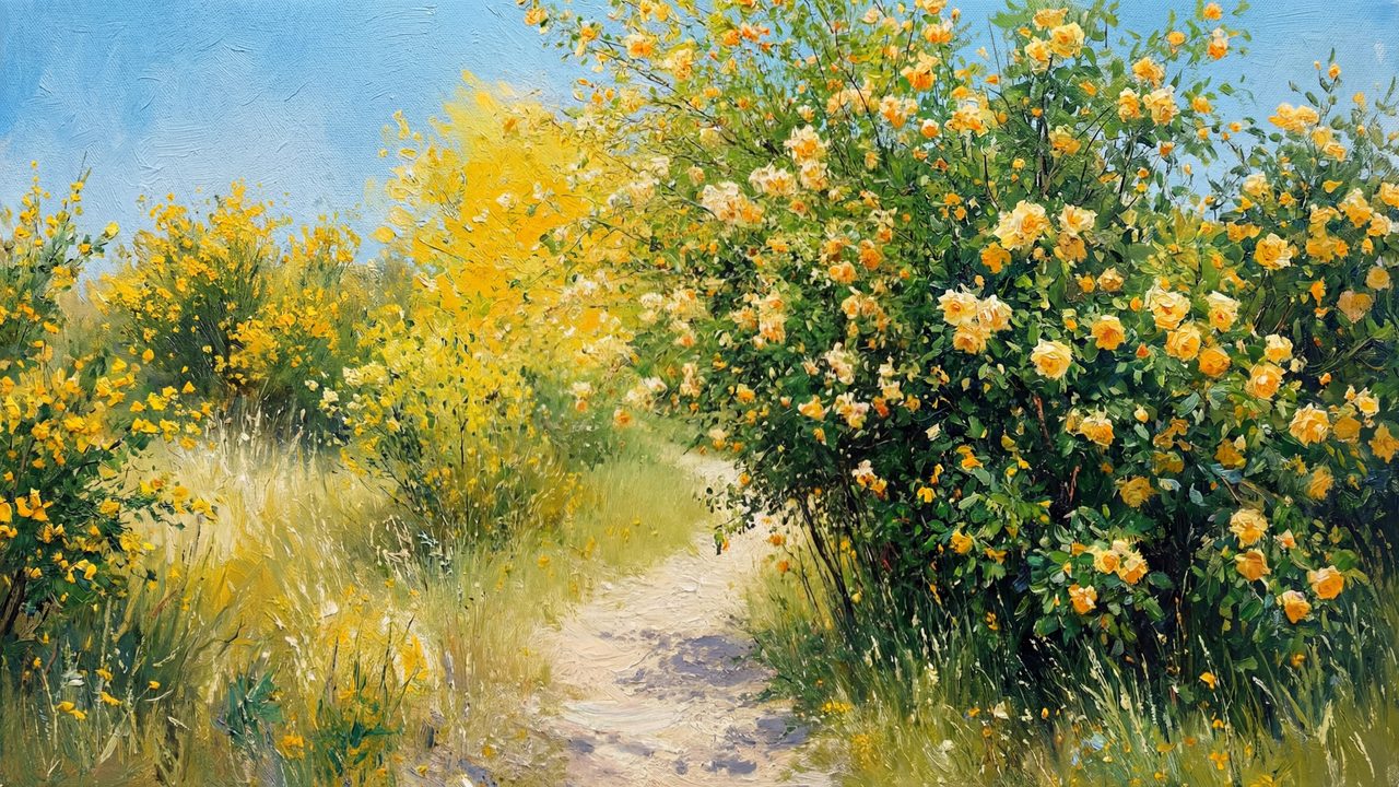 Spring Frame TV Art, Vintage Floral Landscape Oil Painting (Yellow Flowering Shrubs Path)