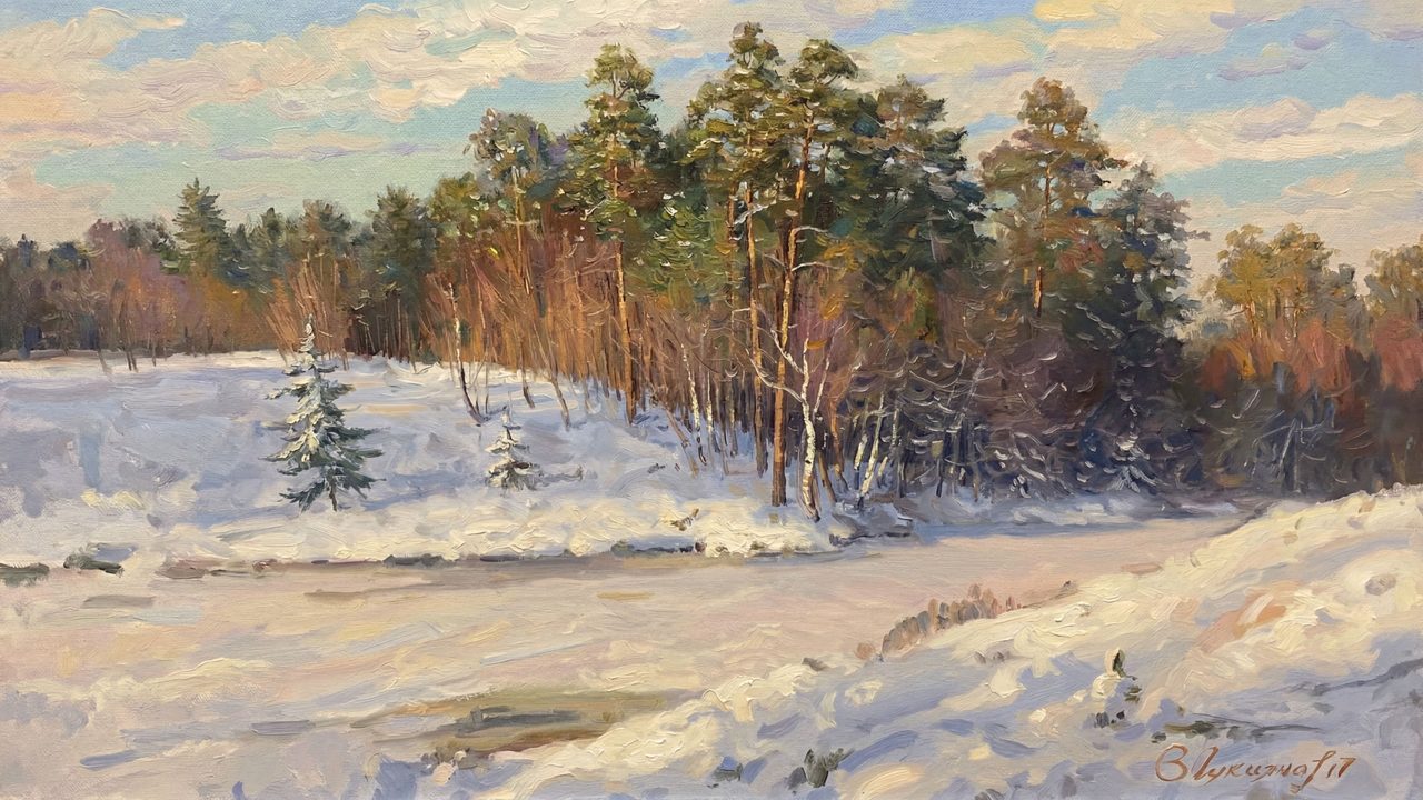Christmas Frame TV Art, Vintage Holiday Oil Painting (Pine Grove on Snowy Hill)