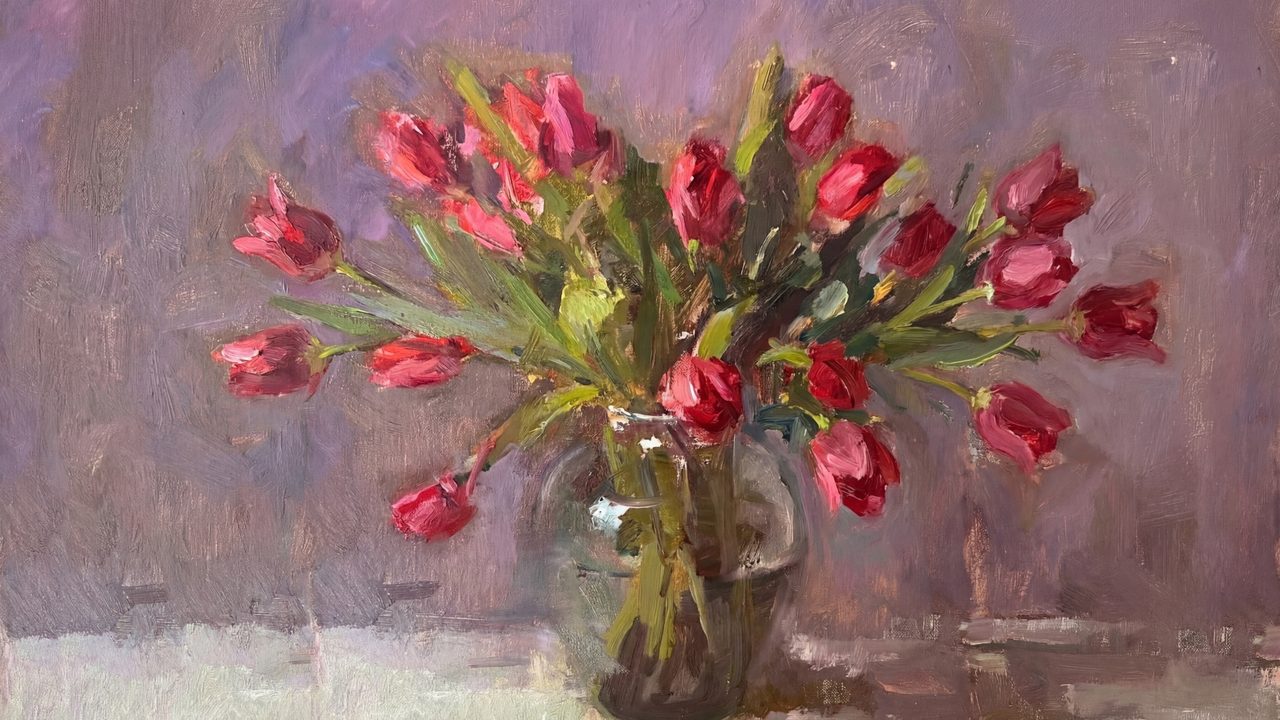 Valentine Frame TV Art, Romantic Vintage Oil Painting (Red Tulips in Glass Vase)