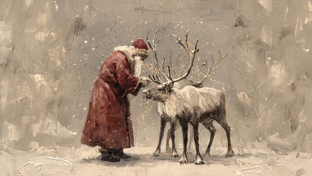 Christmas Frame TV Art, Vintage Holiday Oil Painting (Santa Feeding Reindeer)