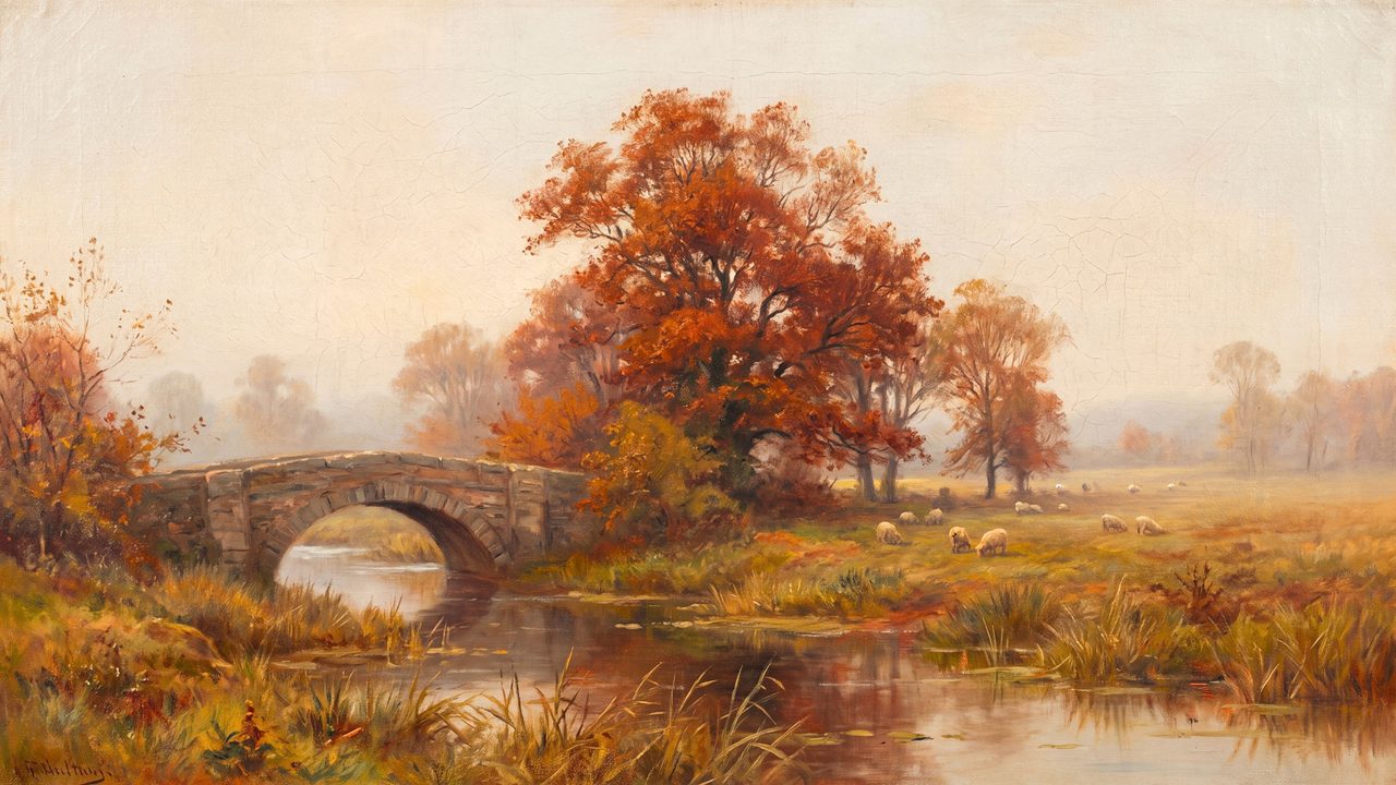 Fall Frame TV Art, Vintage Autumn Oil Painting (Stone Bridge over Autumn Stream)