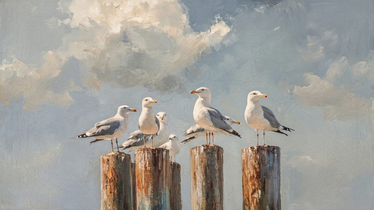 Nautical Frame TV Art, Coastal Oil Painting (Seagulls on Wooden Pilings)
