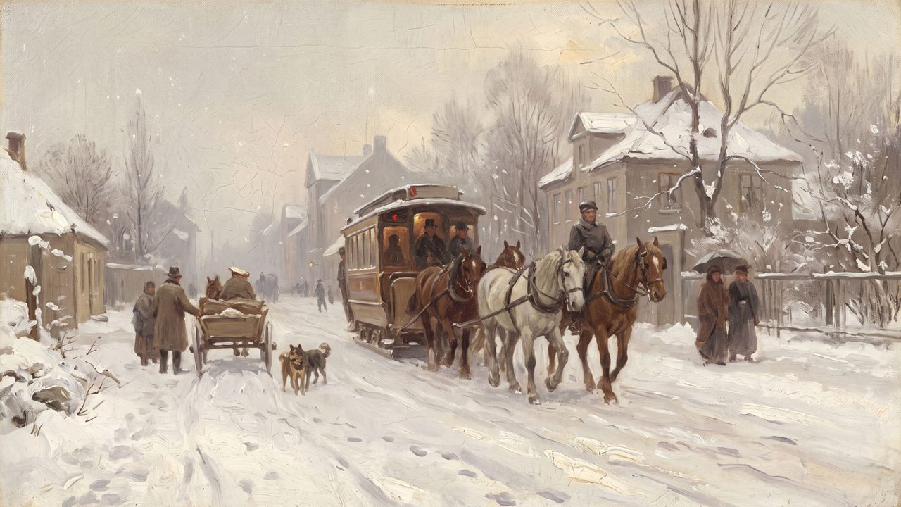 Christmas Frame TV Art, Vintage Holiday Oil Painting (Horse-Drawn Coach in Snowy Town)