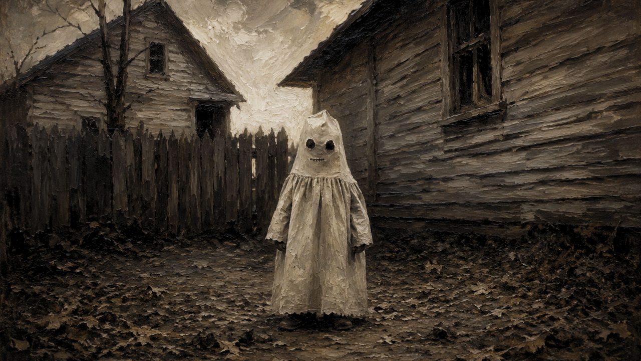 Halloween Frame TV Art, Vintage Moody Oil Painting (Ghost Child by Old Barn)