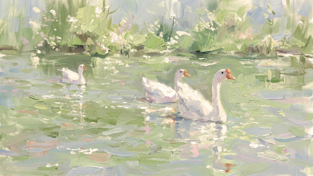 Spring Frame TV Art, Vintage Floral Landscape Oil Painting (White Geese on Pond)