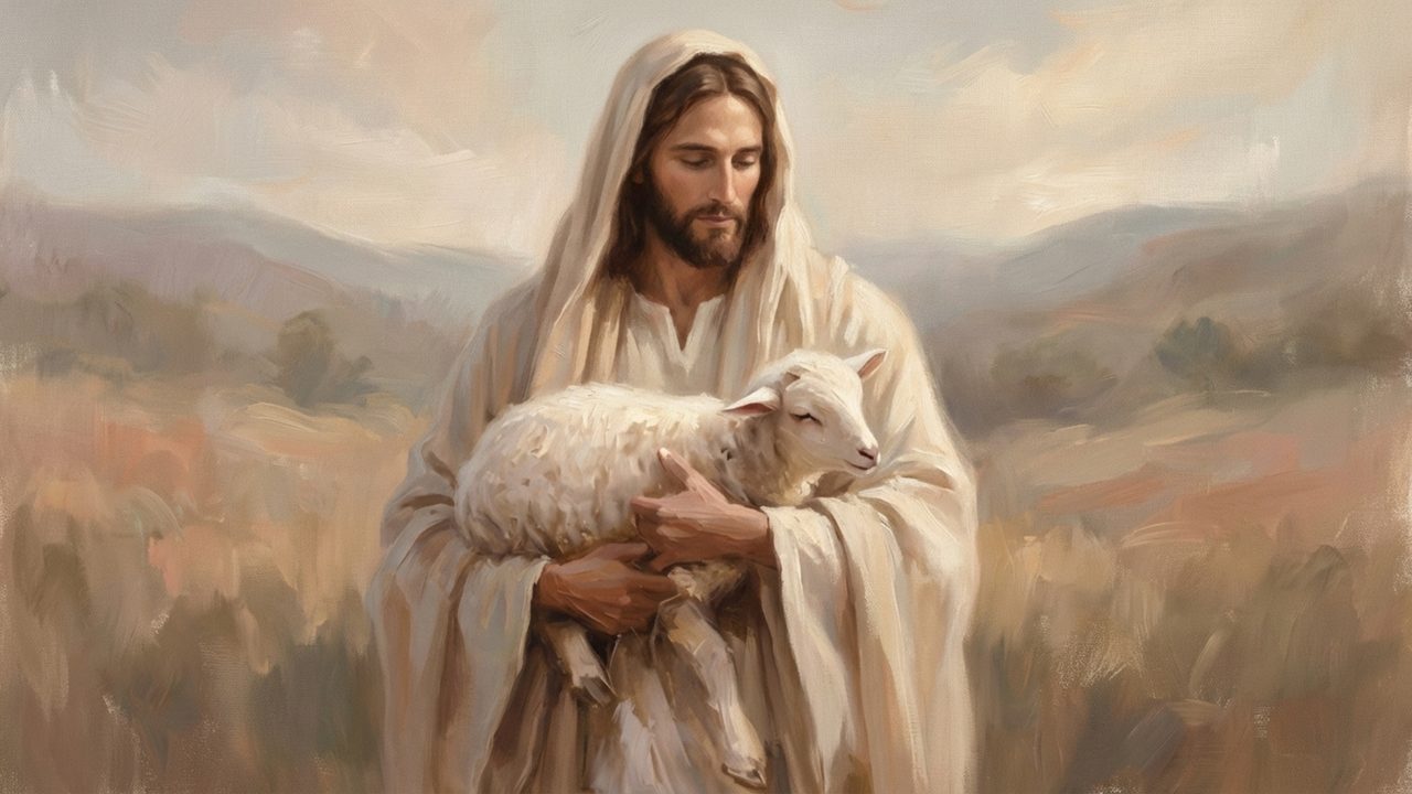 Christian Frame TV Art, Jesus Religious Oil Painting (Jesus Holding Lamb in Field)