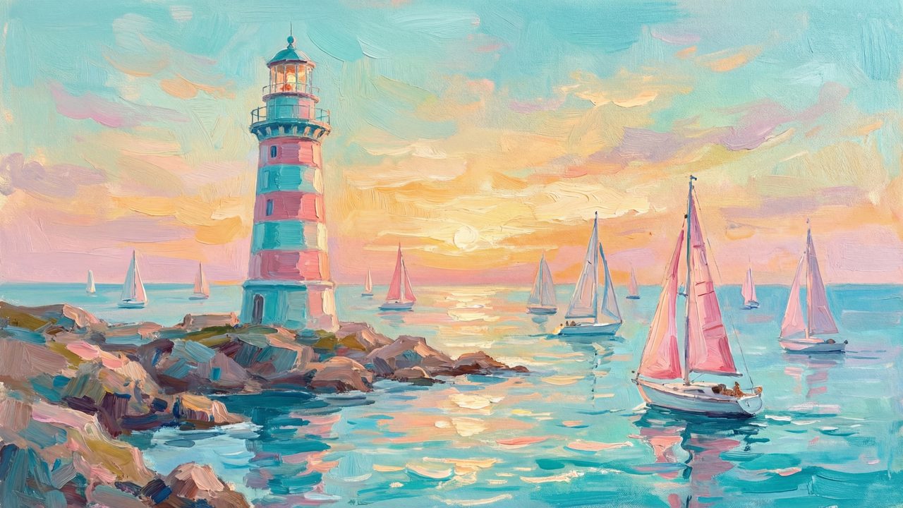 Summer Frame TV Art, Coastal Beach Oil Painting (Lighthouse and Sailboats at Sunset)
