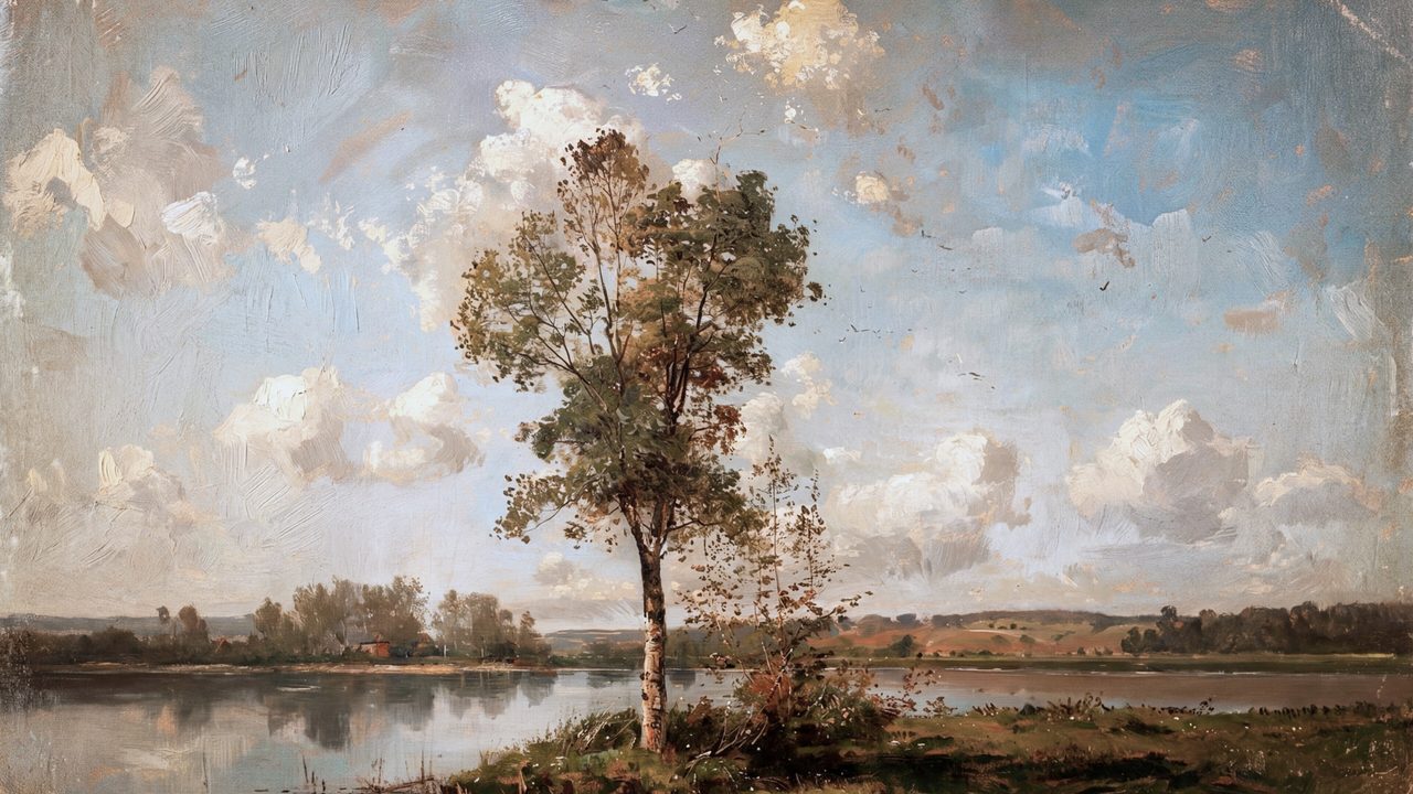 Vintage Frame TV Art, Antique Landscape Oil Painting (Lone Tree by River)