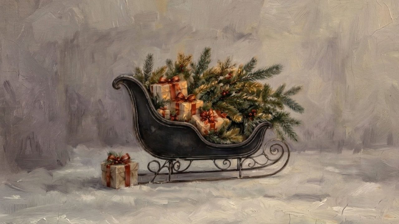 Christmas Frame TV Art, Vintage Holiday Oil Painting (Sleigh Full of Gifts)