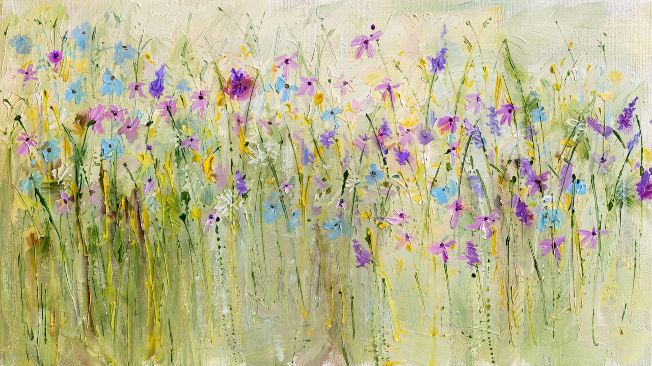 Spring Frame TV Art, Vintage Floral Landscape Oil Painting (Purple Wildflower Stems)