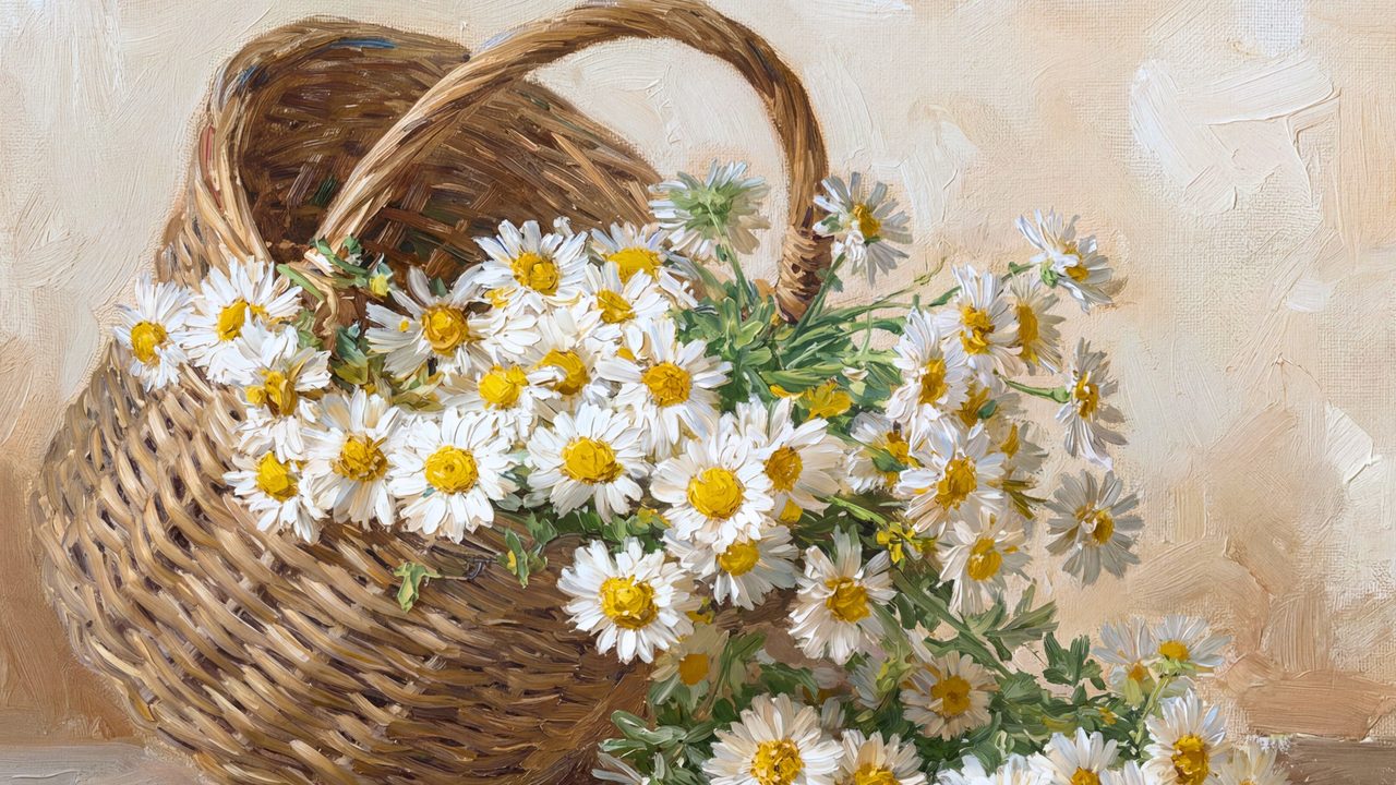 Easter Frame TV Art, Pastel Spring Oil Painting (Daisies in Wicker Basket)