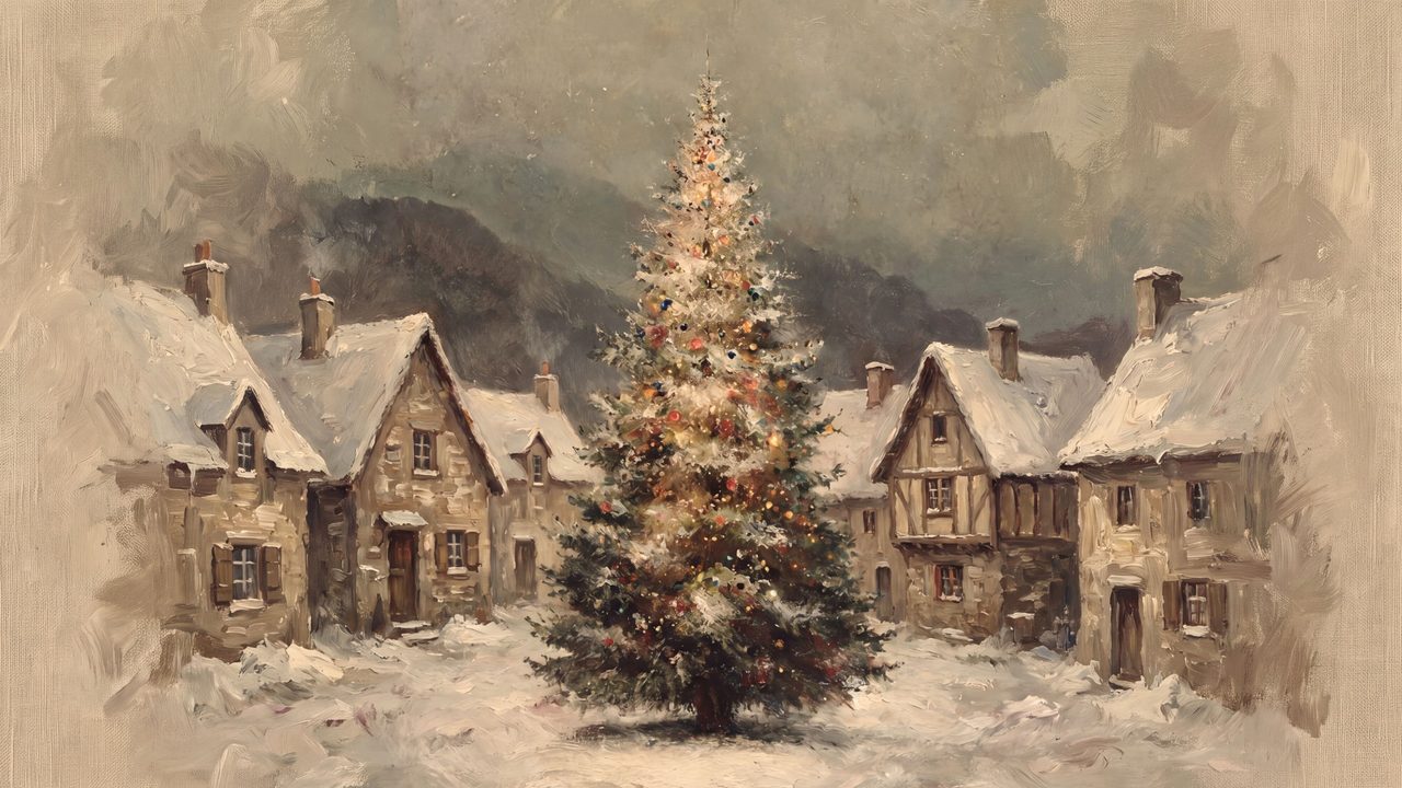 Christmas Frame TV Art, Vintage Holiday Oil Painting (Christmas Tree in Snowy Village)