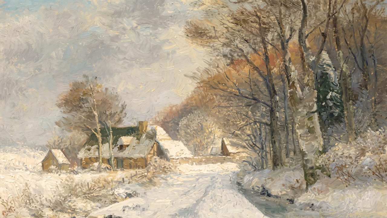 Christmas Frame TV Art, Vintage Holiday Oil Painting (Cottage on Snowy Lane)
