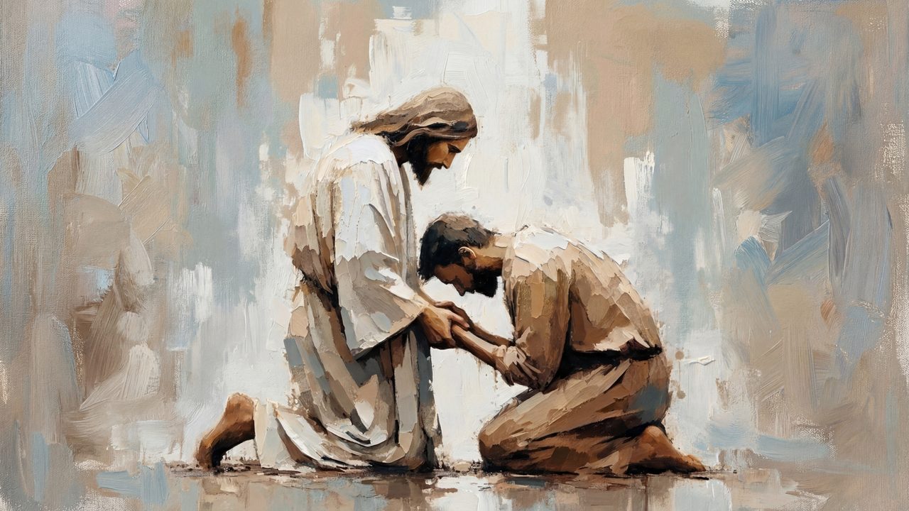 Christian Frame TV Art, Jesus Religious Oil Painting (Jesus Embracing Kneeling Man)