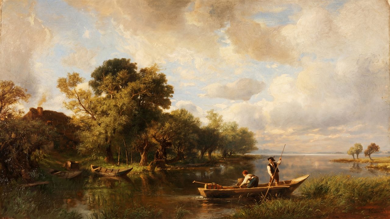Fall Frame TV Art, Vintage Autumn Oil Painting (Fishermen in Boat on Lake)