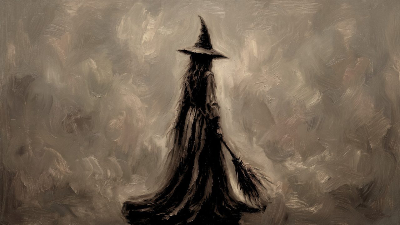Fall Frame TV Art, Vintage Autumn Oil Painting (Witch Silhouette in Fog)