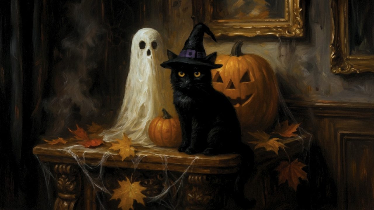 Halloween Frame TV Art, Vintage Moody Oil Painting (Ghost and Black Cat with Pumpkin)