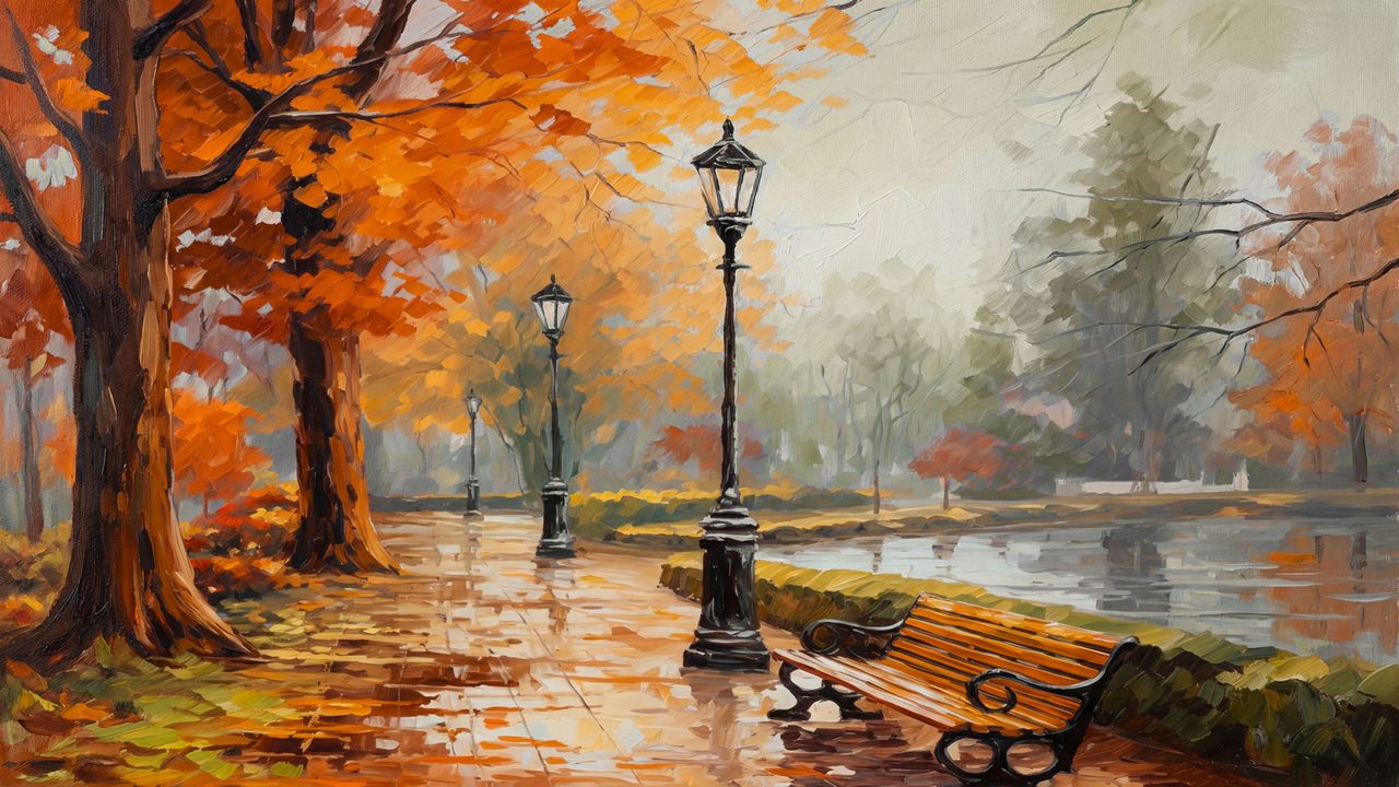 Fall Frame TV Art, Vintage Autumn Oil Painting (Lamplit Autumn Park Path)