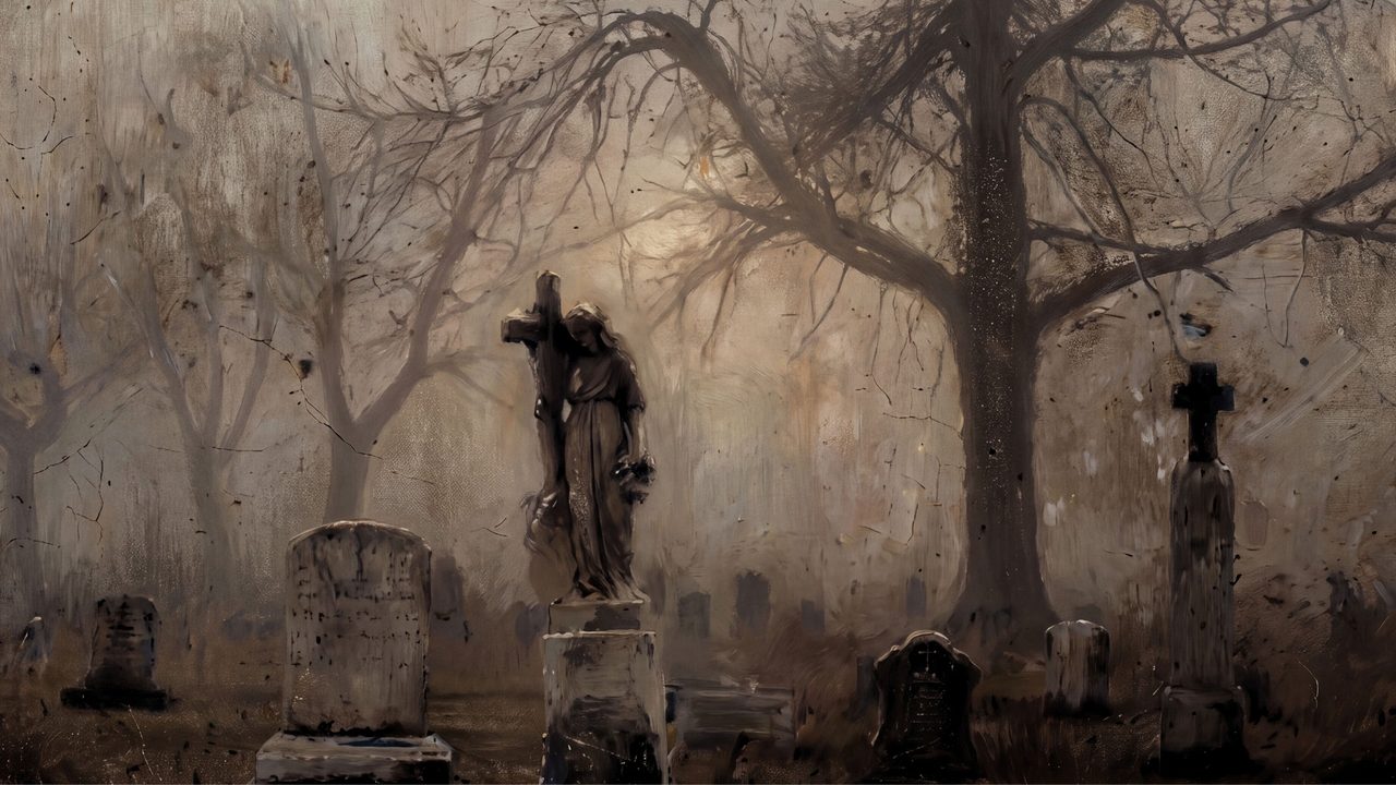 Halloween Frame TV Art, Vintage Moody Oil Painting (Foggy Old Graveyard)