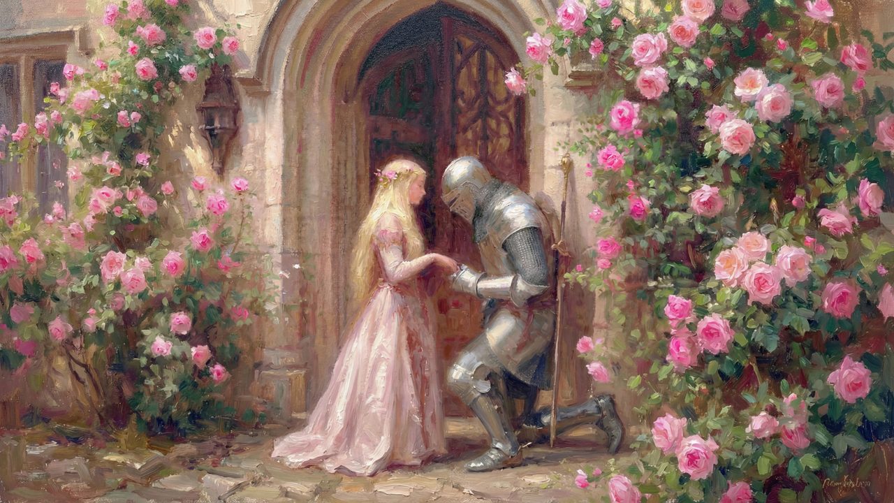 Valentine Frame TV Art, Romantic Vintage Oil Painting (Knight Kneeling to Princess)