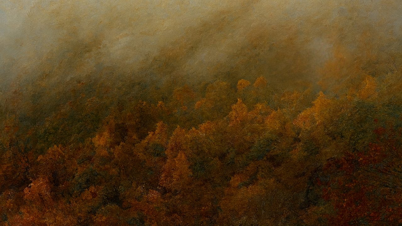 Fall Frame TV Art, Vintage Autumn Oil Painting (Foggy Autumn Forest)