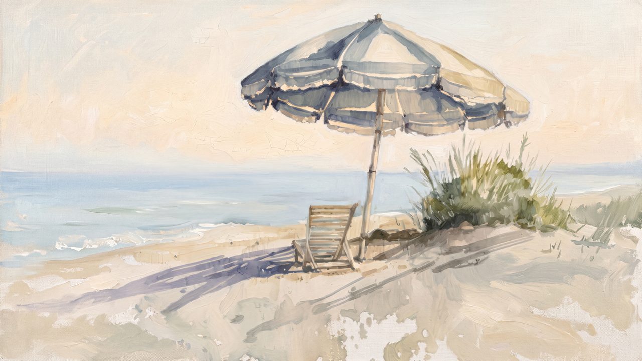 Summer Frame TV Art, Coastal Beach Oil Painting (Beach Umbrella and Chair)