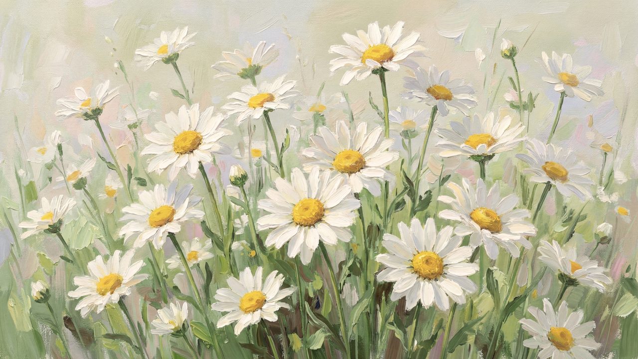 Spring Frame TV Art, Vintage Floral Landscape Oil Painting (White Daisies Close Up)