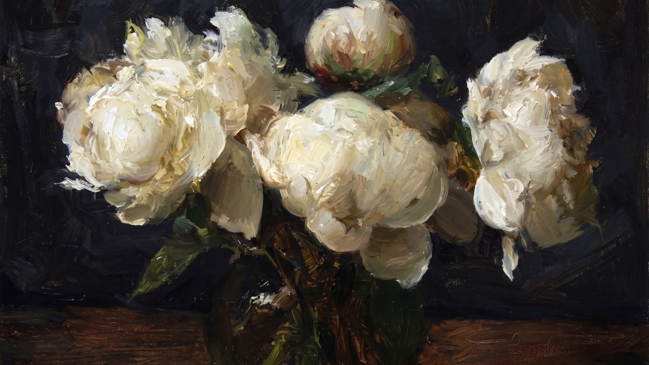 Dark Academia Frame TV Art, Moody Vintage Oil Painting (White Peonies on Dark)