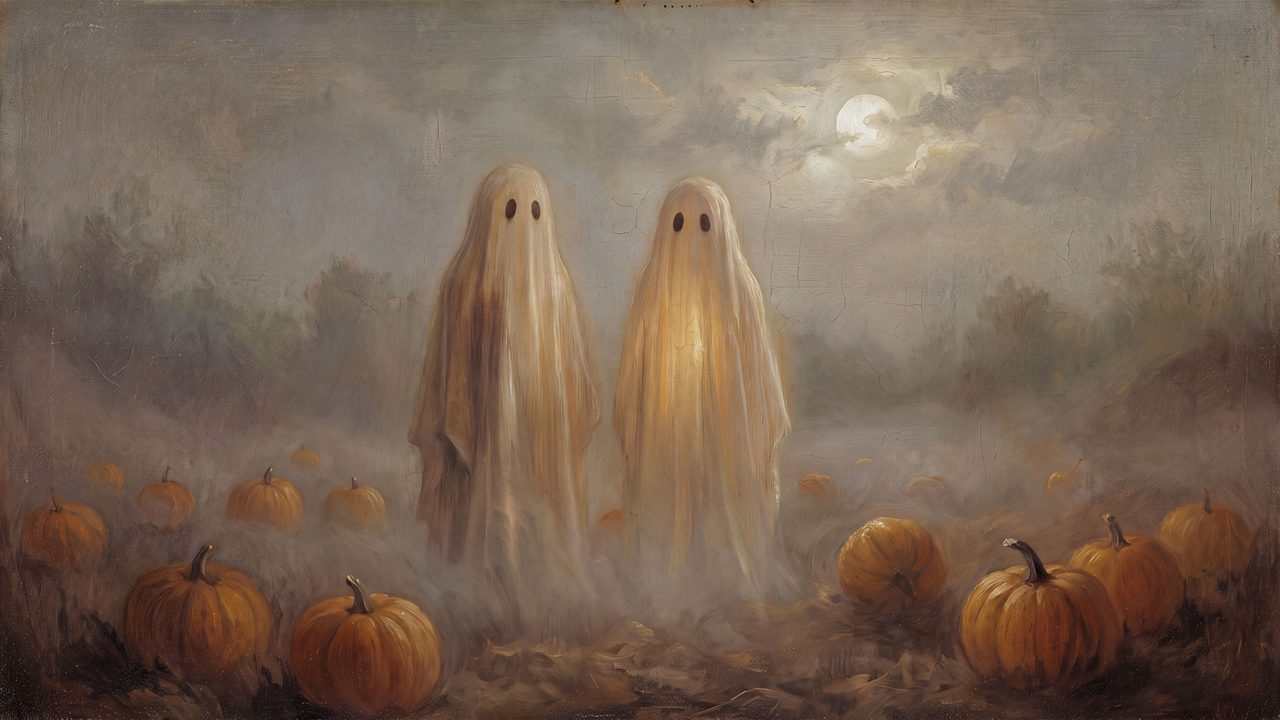 Halloween Frame TV Art, Vintage Moody Oil Painting (Two Ghosts in Pumpkin Patch)